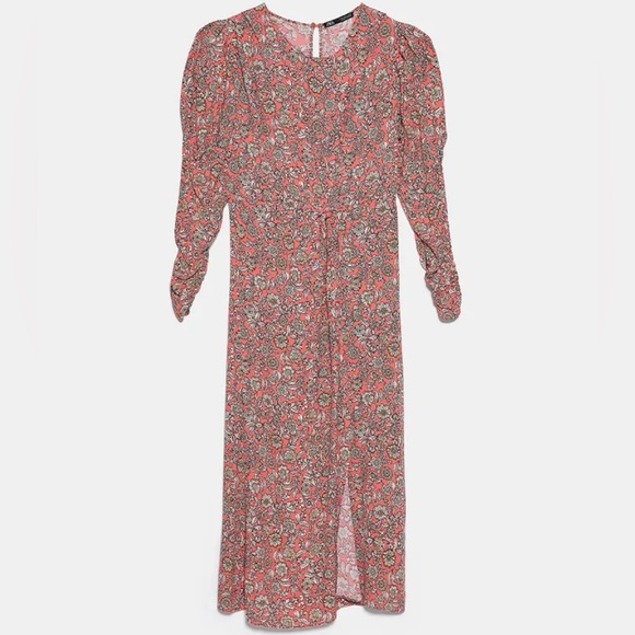 ZARA Floral Printed Long Puff Ruched Sleeve Draped‎ Midi Dress Size Small - Picture 12 of 16